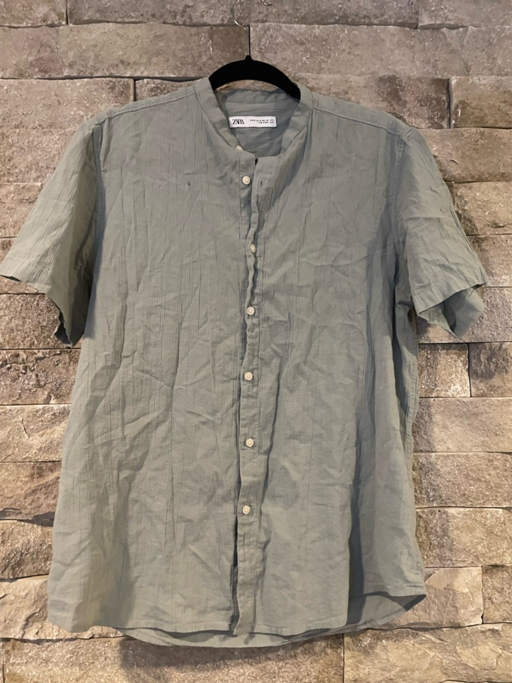 Zara Sage Green Short-Sleeve Mandarin Collar Button-Down Shirt